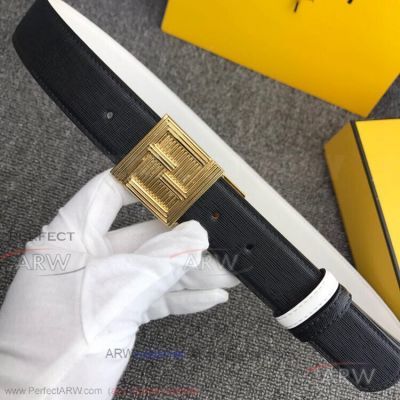 AAA Fendi 3.5cm Women's Belt - Black Leather Yellow Gold Buckle 